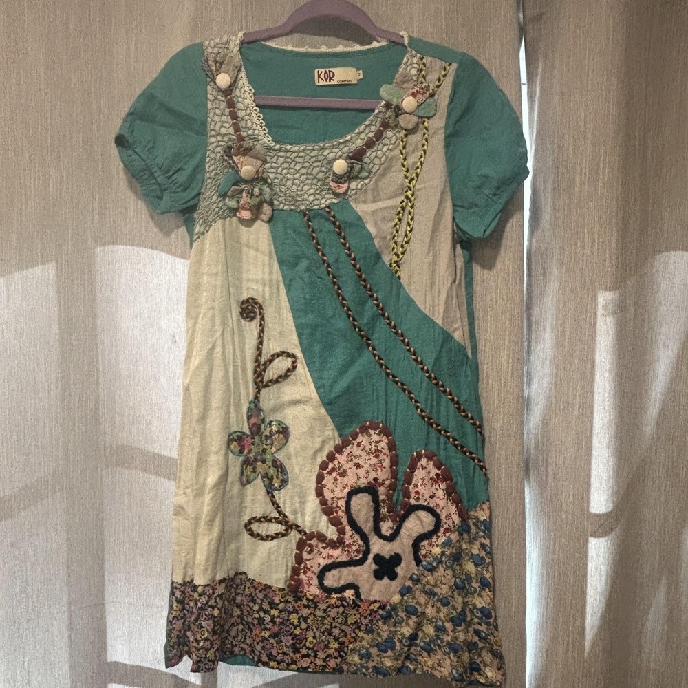 KOR Company Dress Womens Medium Multicolor Patchwork Crochet Boho Short Sleeve